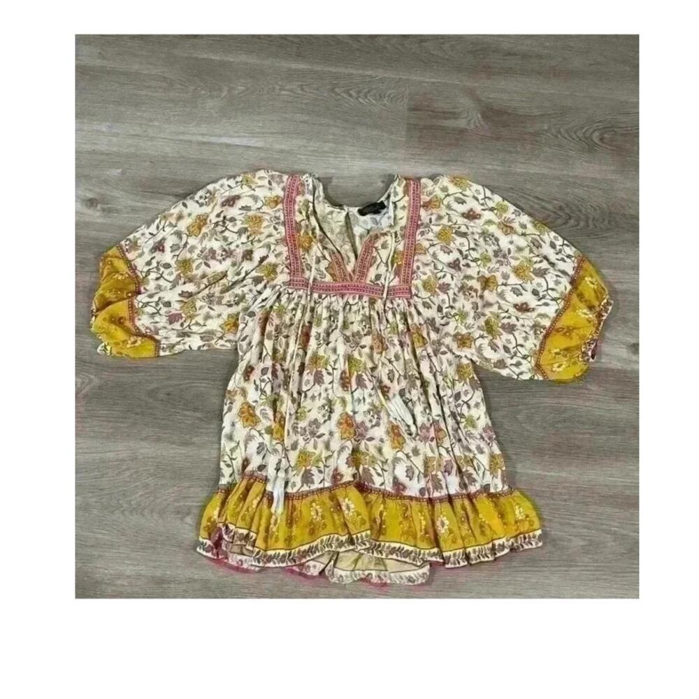 Rachel Zoe 3/4 Sleeve Peasant Top Size S Small Floral Blouse Boho, Yellow Pink